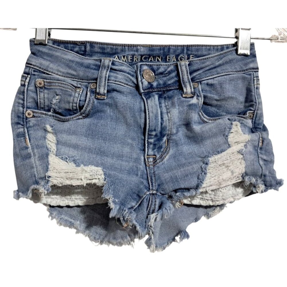 American Eagle Next level Stretch X Blue Jean Shorts Distressed Shortie Size 00